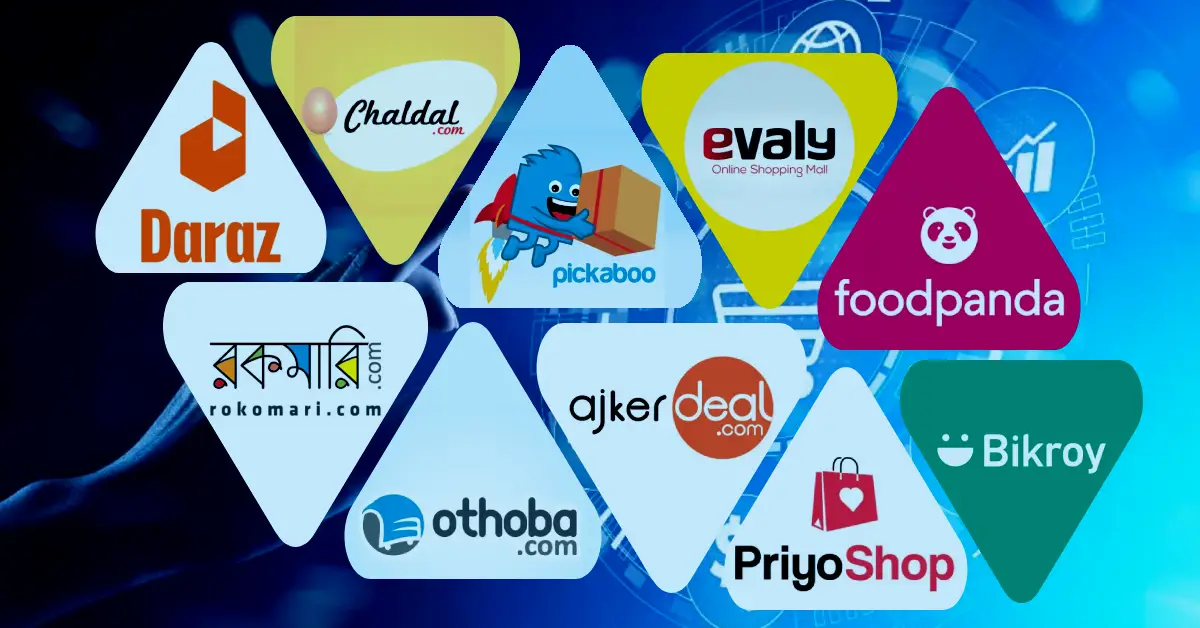 বাংলাদেশের শীর্ষস্থানীয় ই-কমার্স ওয়েবসাইটগুলোর লোগো ও জনপ্রিয় অনলাইন শপিং প্ল্যাটফর্মের আইকন সহ কভার ছবি